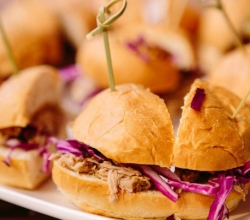 "House Pulled Pork Sliders" Bacon Maple Peanut Butter Spread with Pulled Pork, Onions & Cabbage