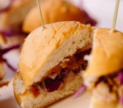 House Pulled Pork Sliders" Bacon Maple Peanut Butter Spread with Pulled Pork, Onions & Cabbage