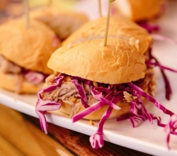 House Pulled Pork Sliders" Bacon Maple Peanut Butter Spread with Pulled Pork, Onions & Cabbage