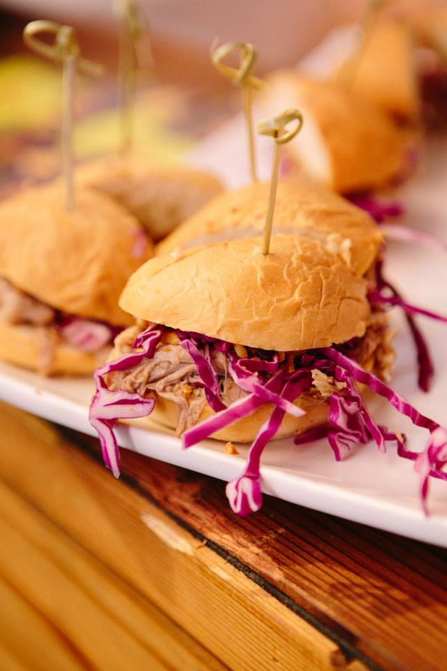 House Pulled Pork Sliders" Bacon Maple Peanut Butter Spread with Pulled Pork, Onions & Cabbage